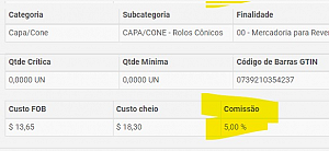 Informação de comissão na saída em Excel dos produtos. Do menu estoque.